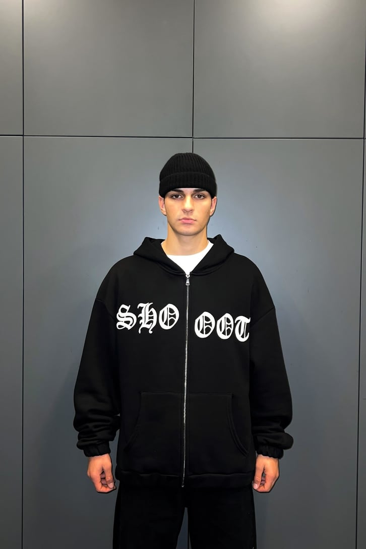 Shooot Nakışlı Zipper Siyah Hoodie