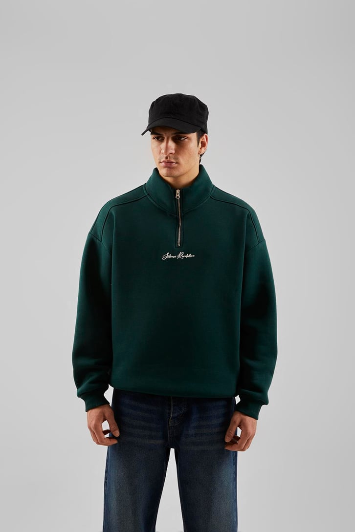 Silence Revolution Baskılı Koyu Yeşil Yarım Fermuarlı Sweatshirt