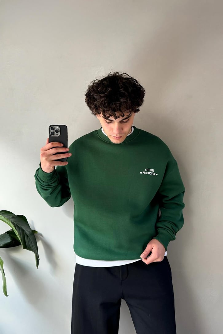 Sırt Baskılı Bisiklet Yaka Sweatshirt