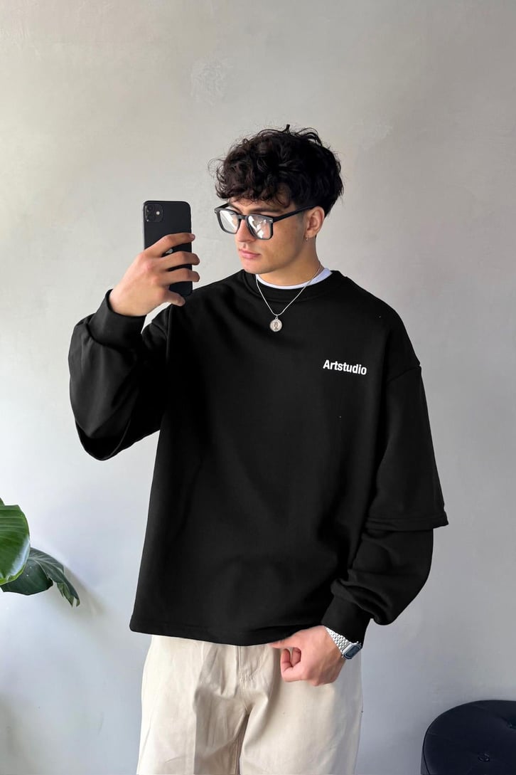 Sırt Baskılı Bisiklet Yaka Sweatshirt