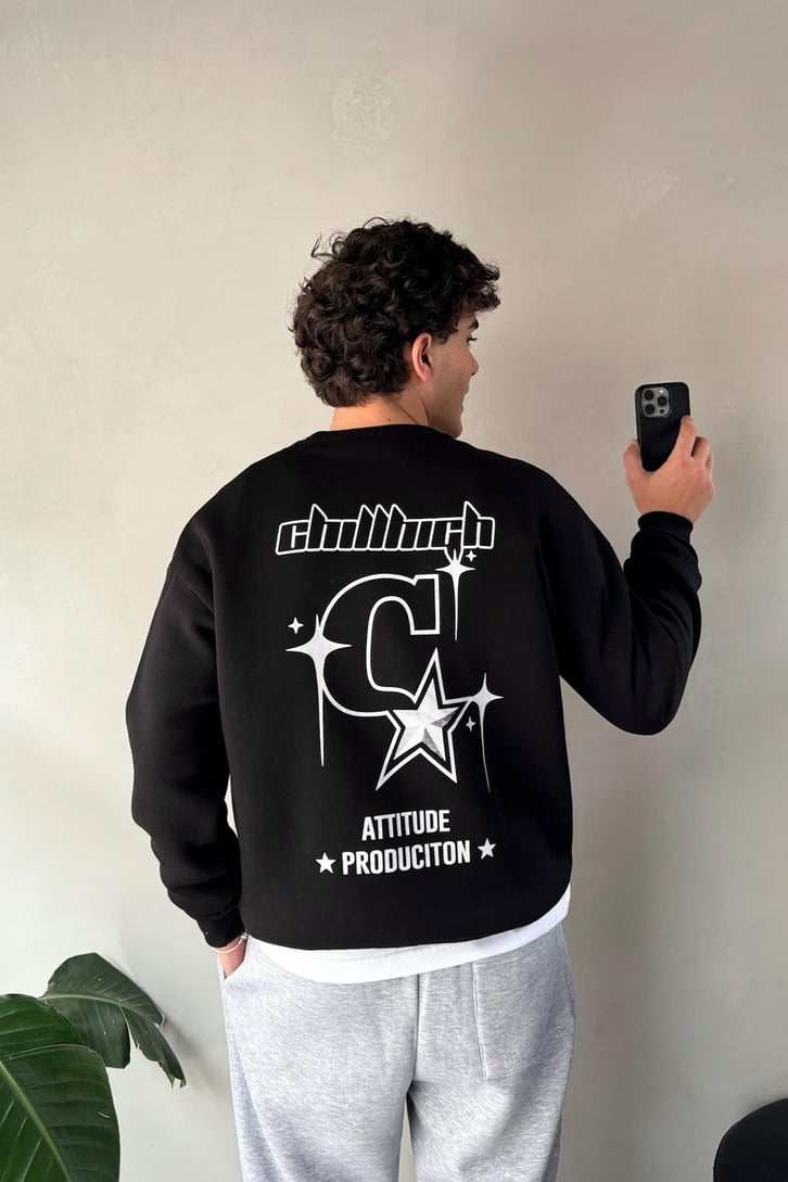 Sırt Baskılı Bisiklet Yaka Sweatshirt
