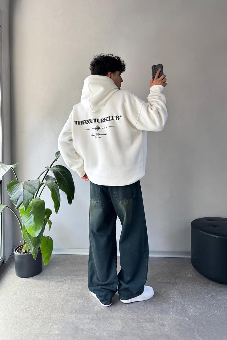 Sırt Baskılı Minimal Nakışlı Oversize Hoodie