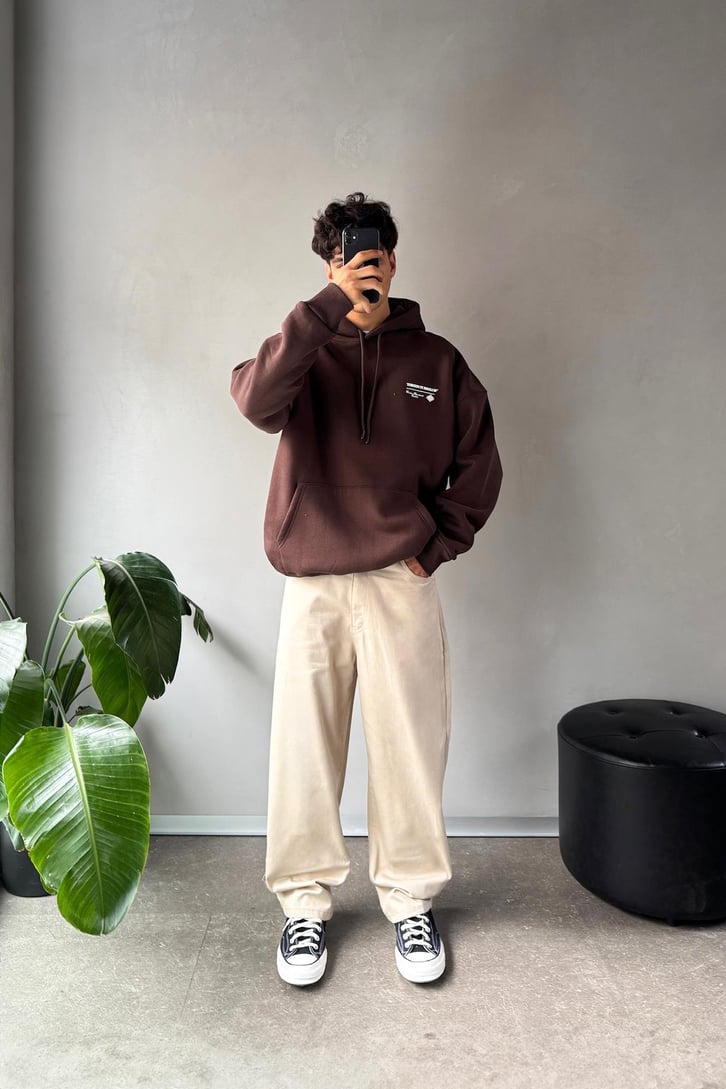 Sırt Baskılı Minimal Nakışlı Oversize Hoodie