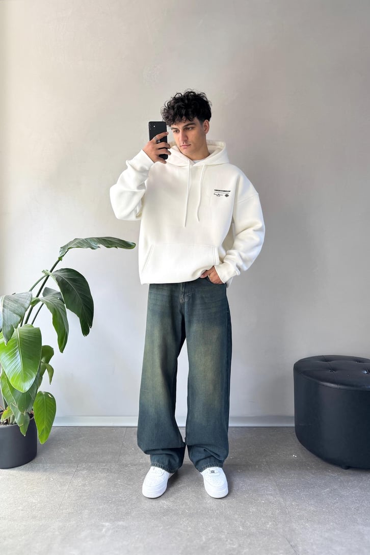 Sırt Baskılı Minimal Nakışlı Oversize Hoodie