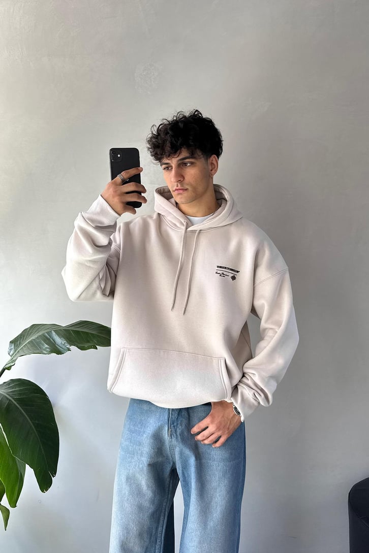 Sırt Baskılı Minimal Nakışlı Oversize Hoodie