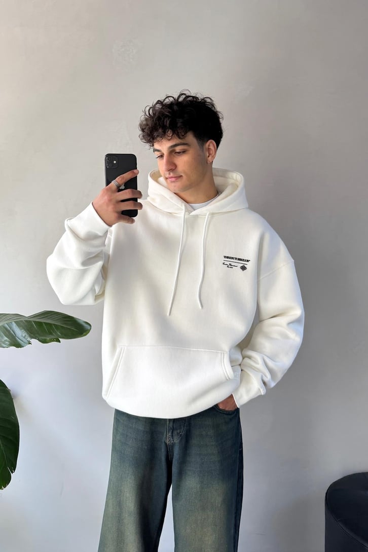 Sırt Baskılı Minimal Nakışlı Oversize Hoodie