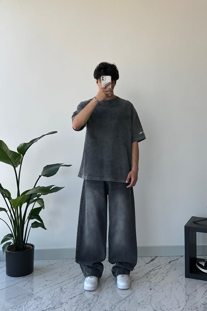 Sırt Baskılı Washed Antrasit Oversize Tişört