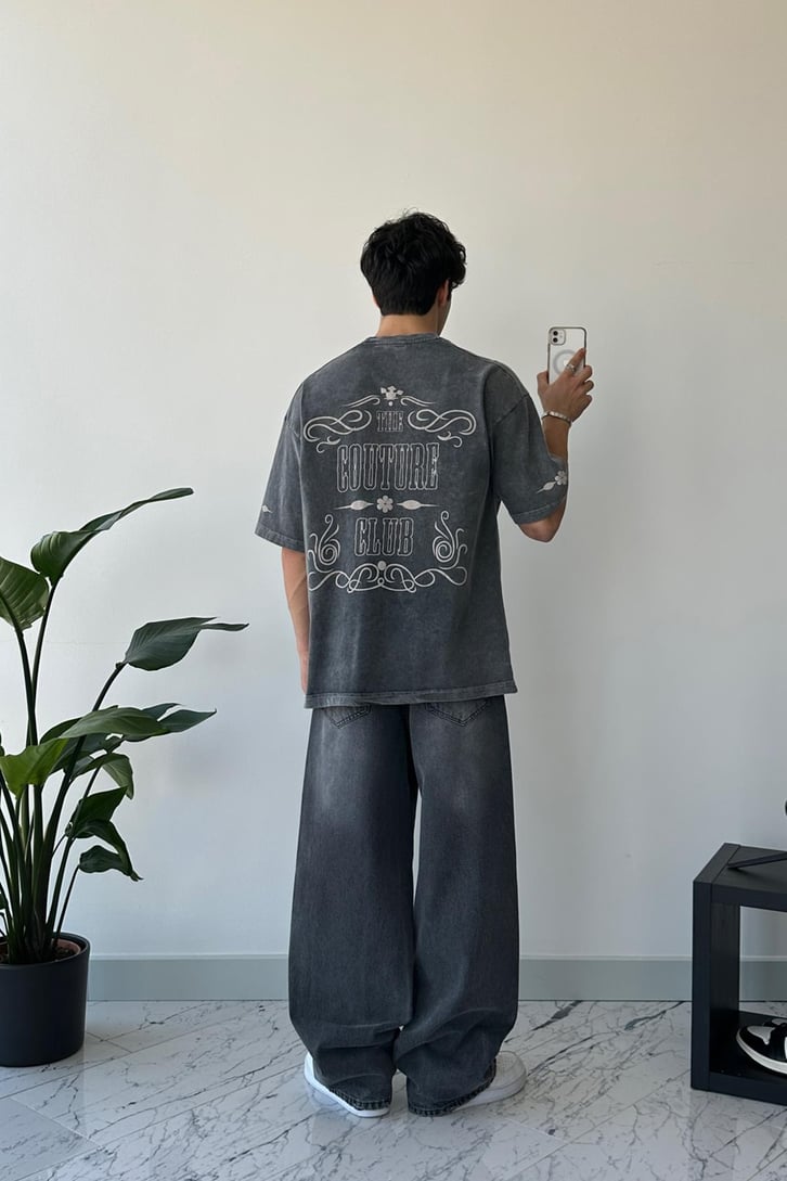 Sırt Baskılı Washed Antrasit Oversize Tişört