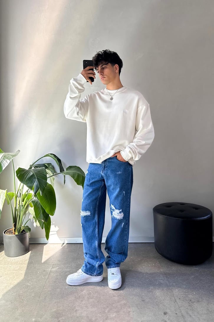 Sırt Detay Nakışlı Oversize Bisiklet Yaka Ekru Sweatshirt