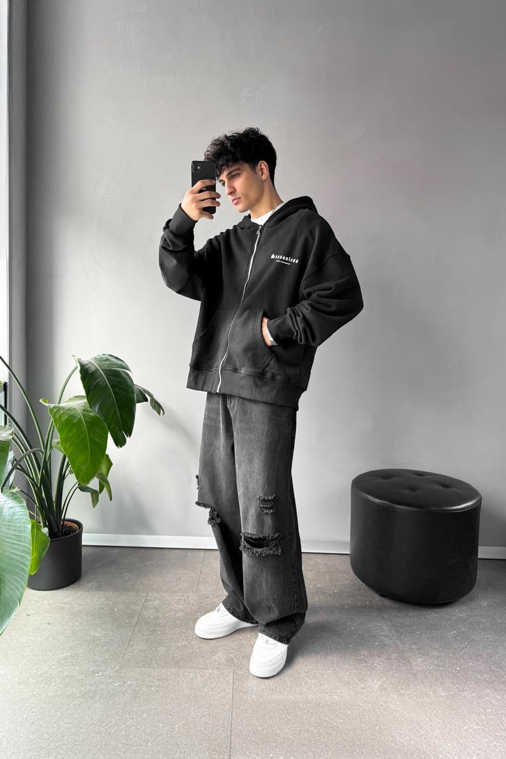 Sırt Detaylı Minimal Baskılı Oversize Hoodie