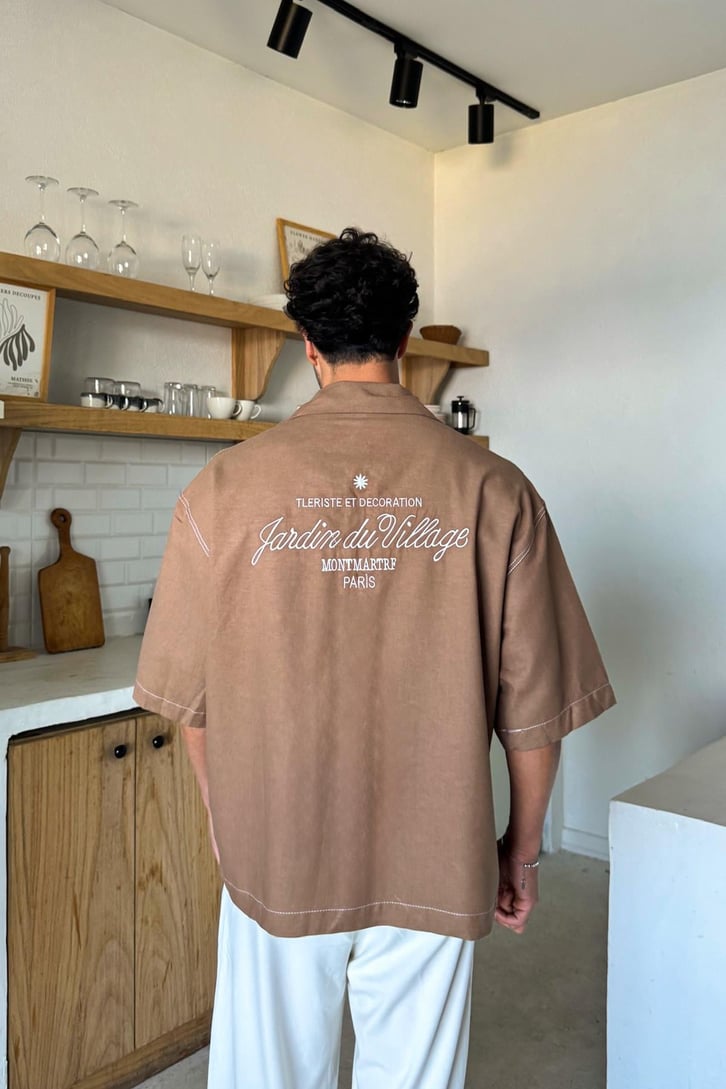 Sırt Nakışlı Kısa Kol Oversize Gömlek