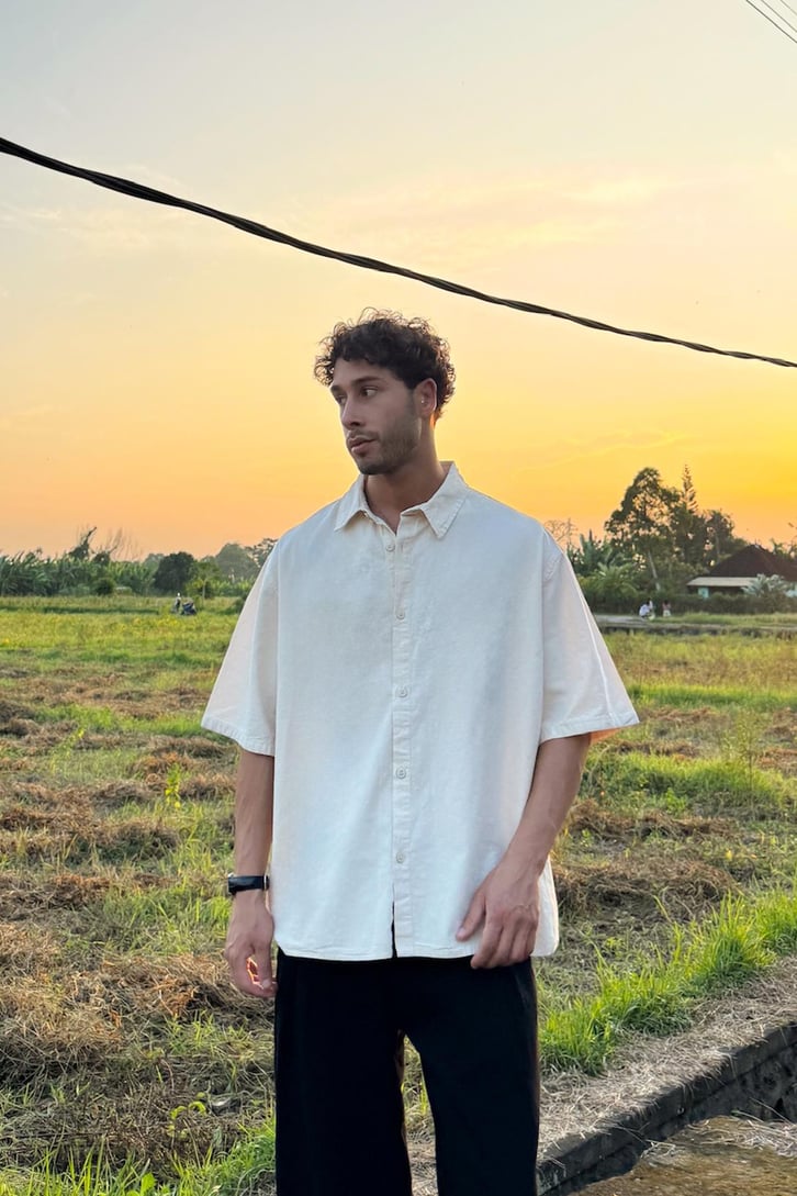 Sırt Nakışlı Oversize Keten Gömlek