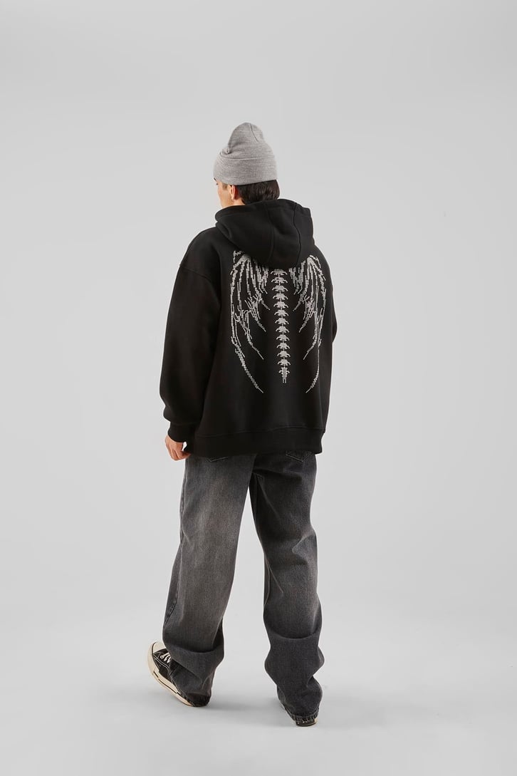 Sırt Taş İşlemeli Ekru Oversize Hoodie
