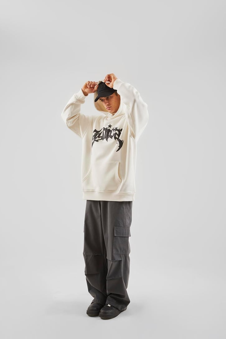 Sırt Taş İşlemeli Ekru Oversize Hoodie