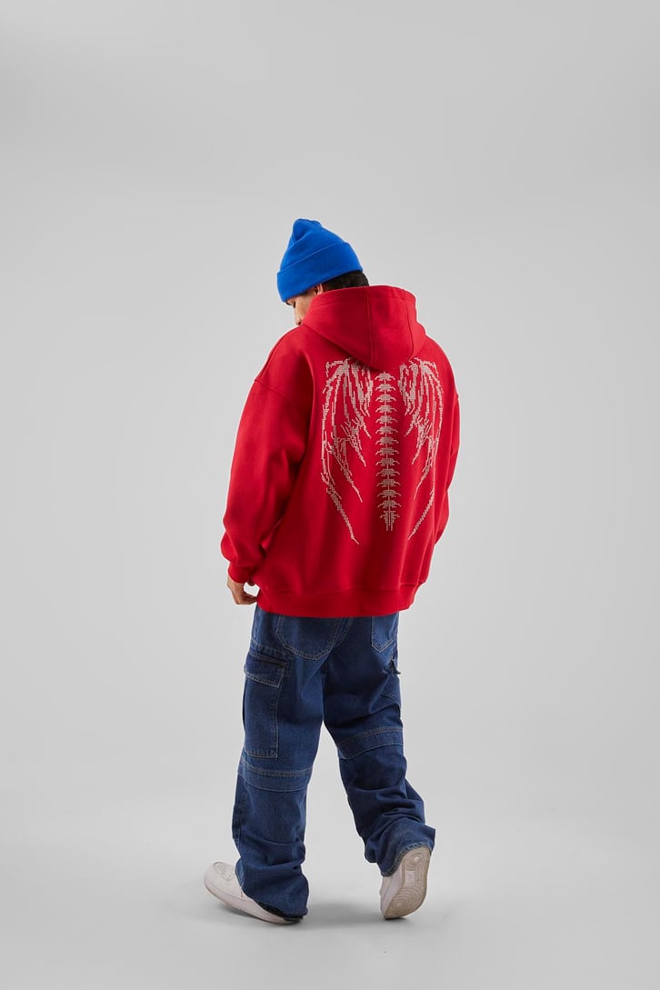 Sırt Taş İşlemeli Kırmızı Oversize Hoodie