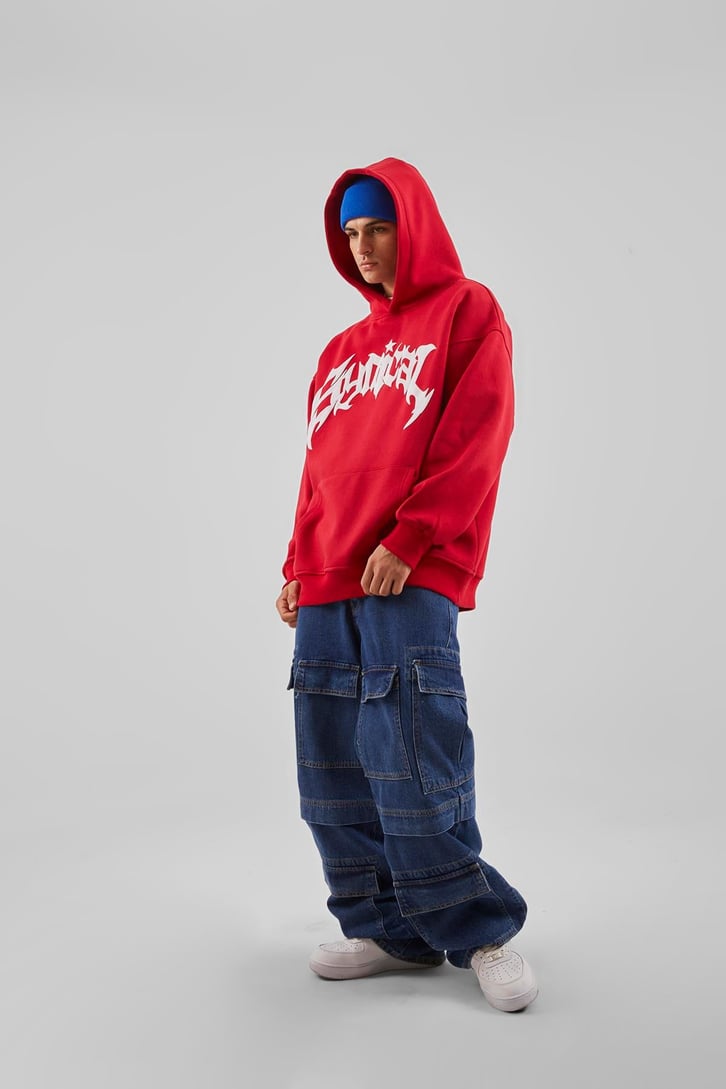 Sırt Taş İşlemeli Kırmızı Oversize Hoodie