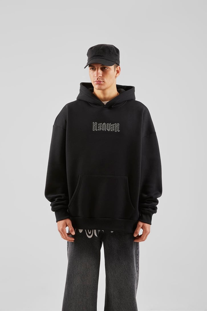 Sırt Taş İşlemeli Siyah Oversize Hoodie