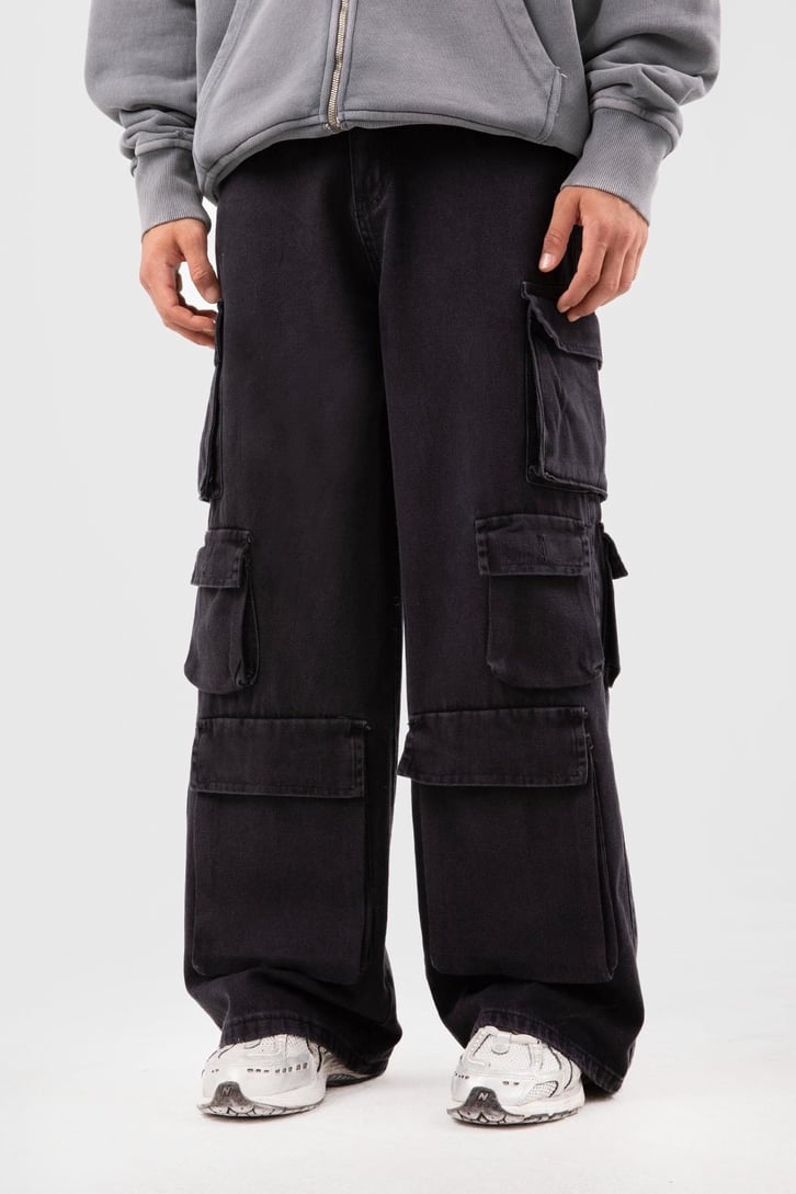 Six Cargo Pocket Siyah Baggy Jean