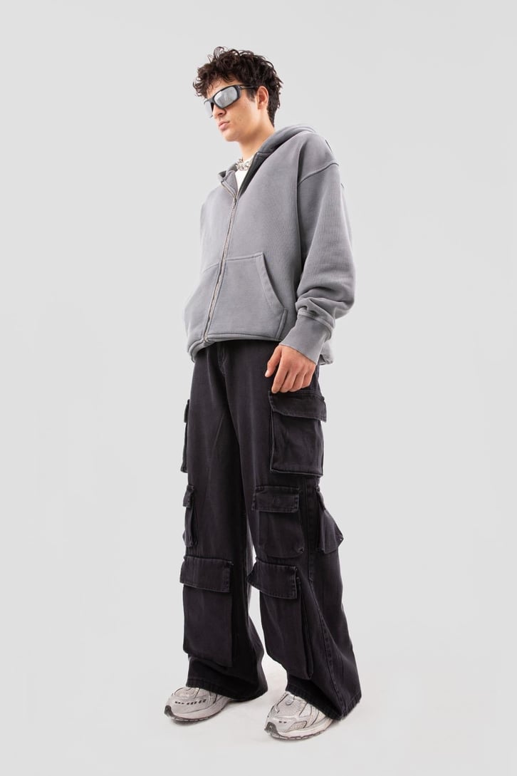 Six Cargo Pocket Siyah Baggy Jean
