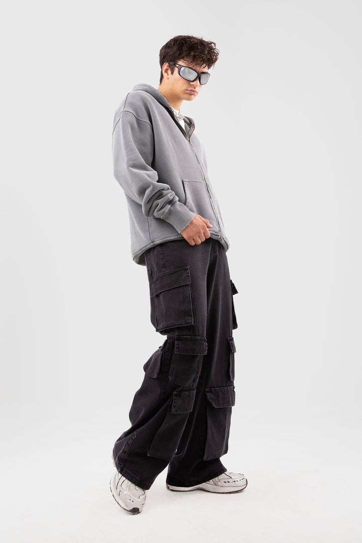 Six Cargo Pocket Siyah Baggy Jean