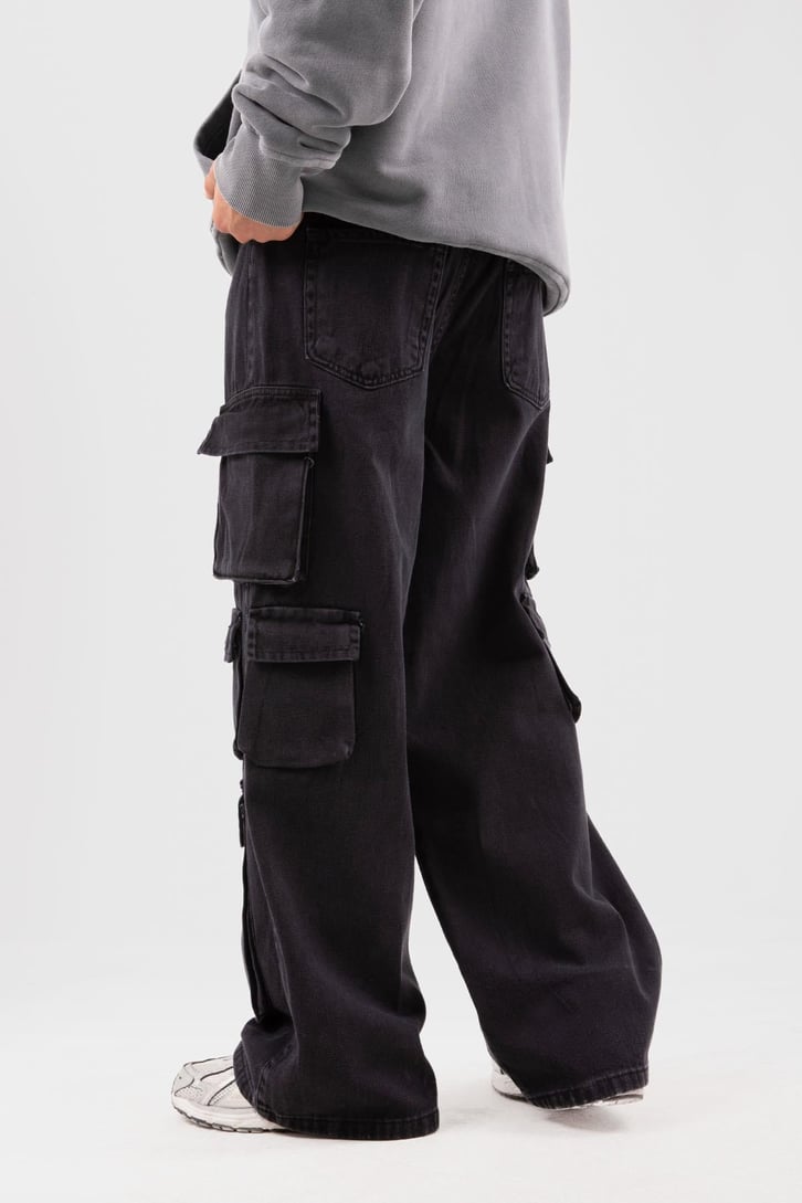 Six Cargo Pocket Siyah Baggy Jean