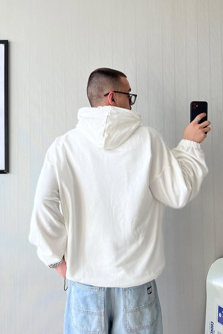 Skateboard Baskılı Beyaz Oversize Hoodie