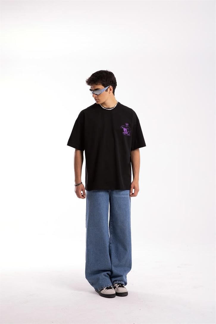Skateboard Baskılı Siyah Oversize Tshirt