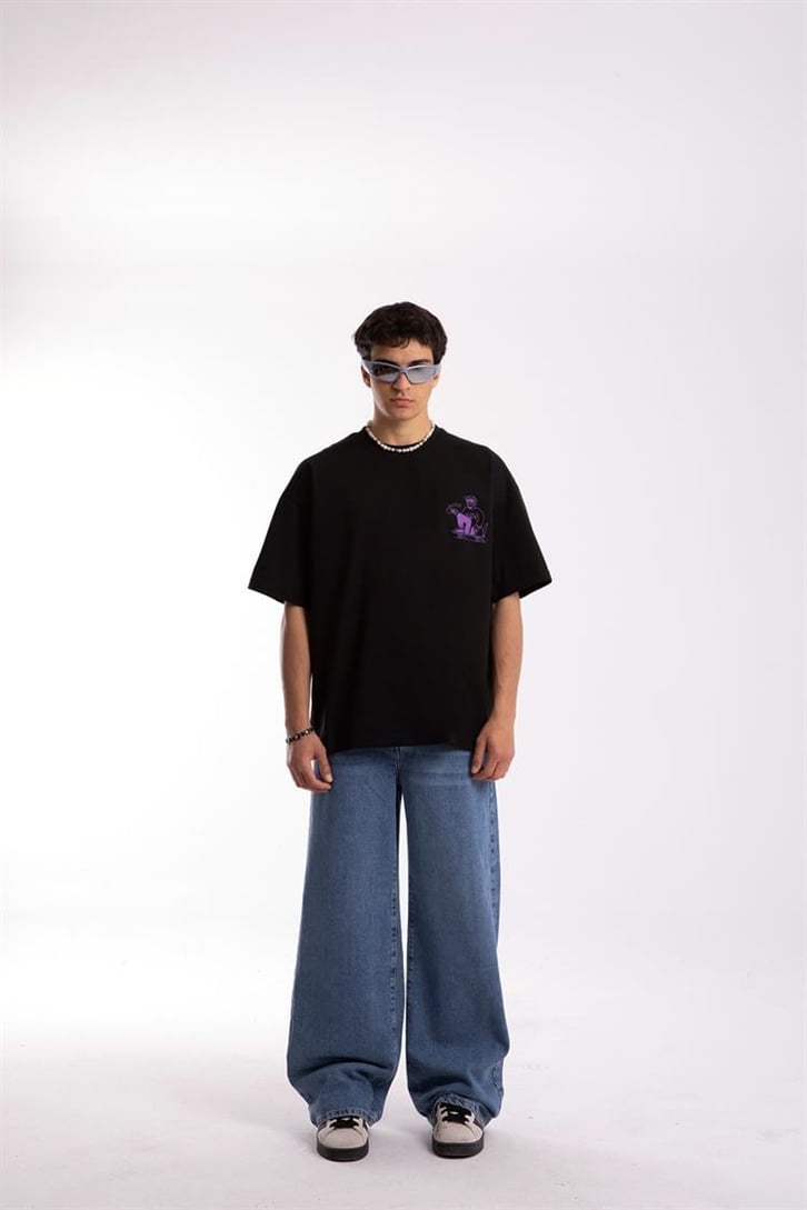 Skateboard Baskılı Siyah Oversize Tshirt