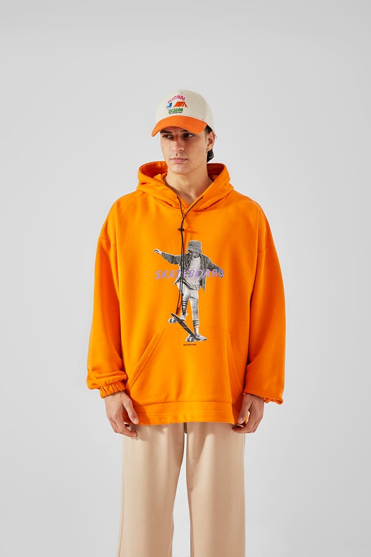 Skateboard Baskılı Turuncu Oversize Hoodie