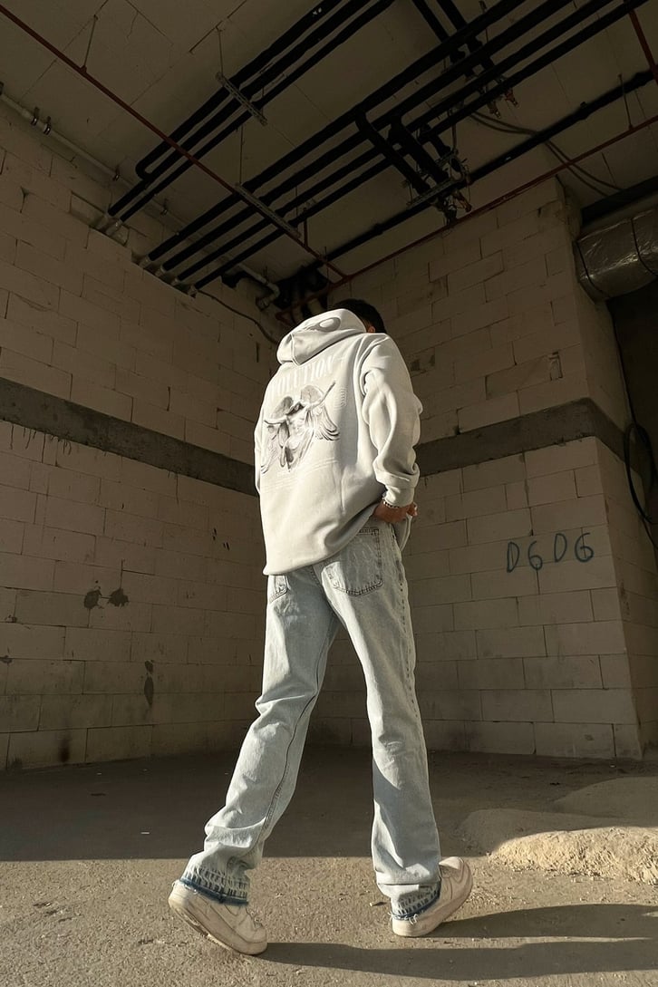 Skeletton Hand Baskılı Buz Mavi Regular Fit Jean