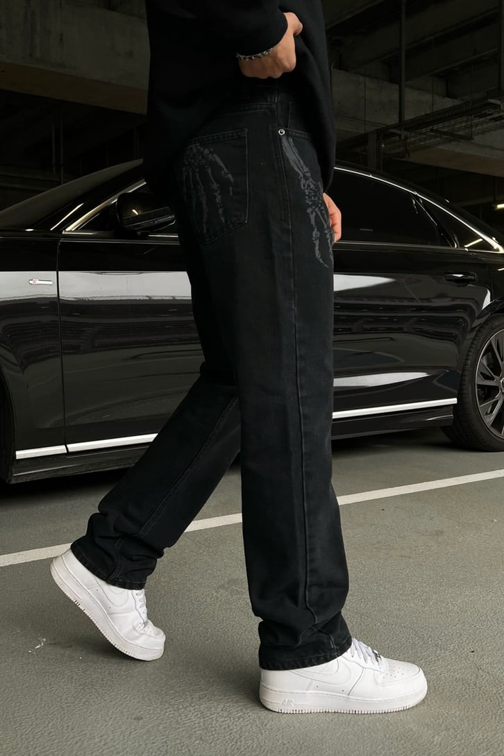 Skeletton Hand Siyah Regular Fit Jean