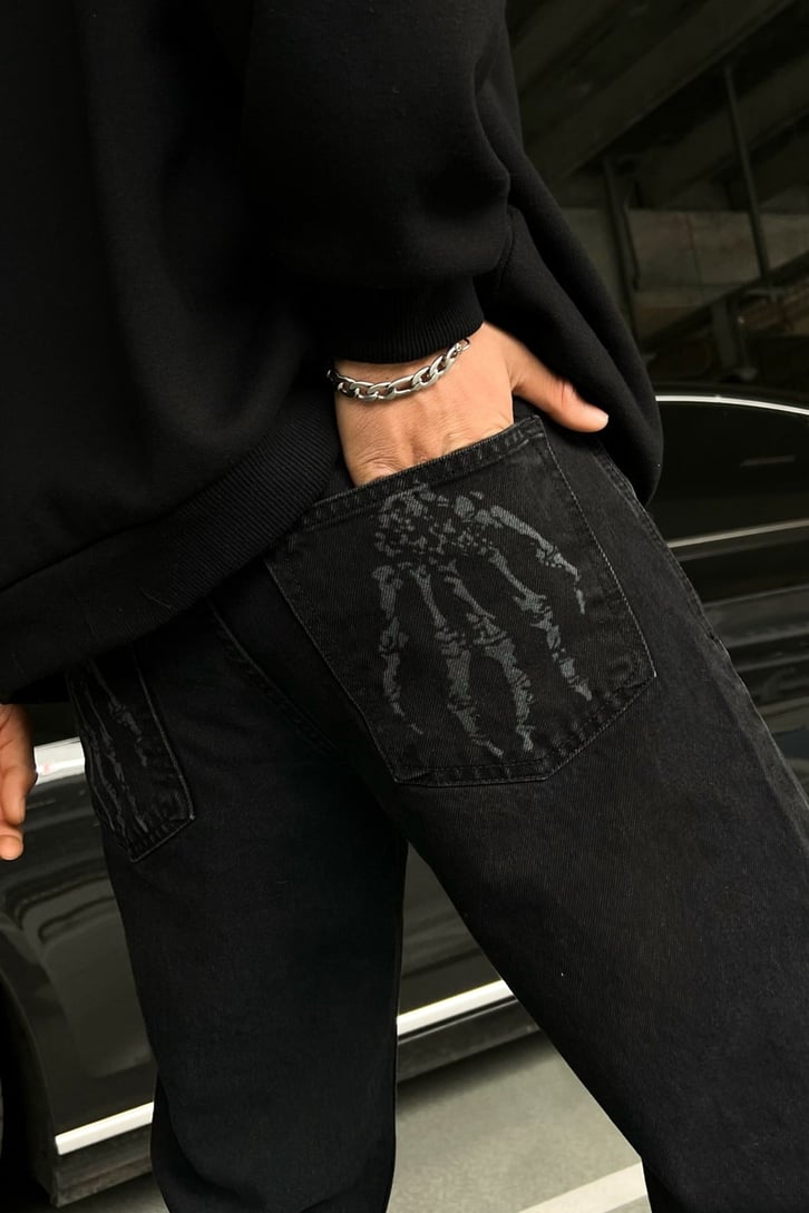Skeletton Hand Siyah Regular Fit Jean