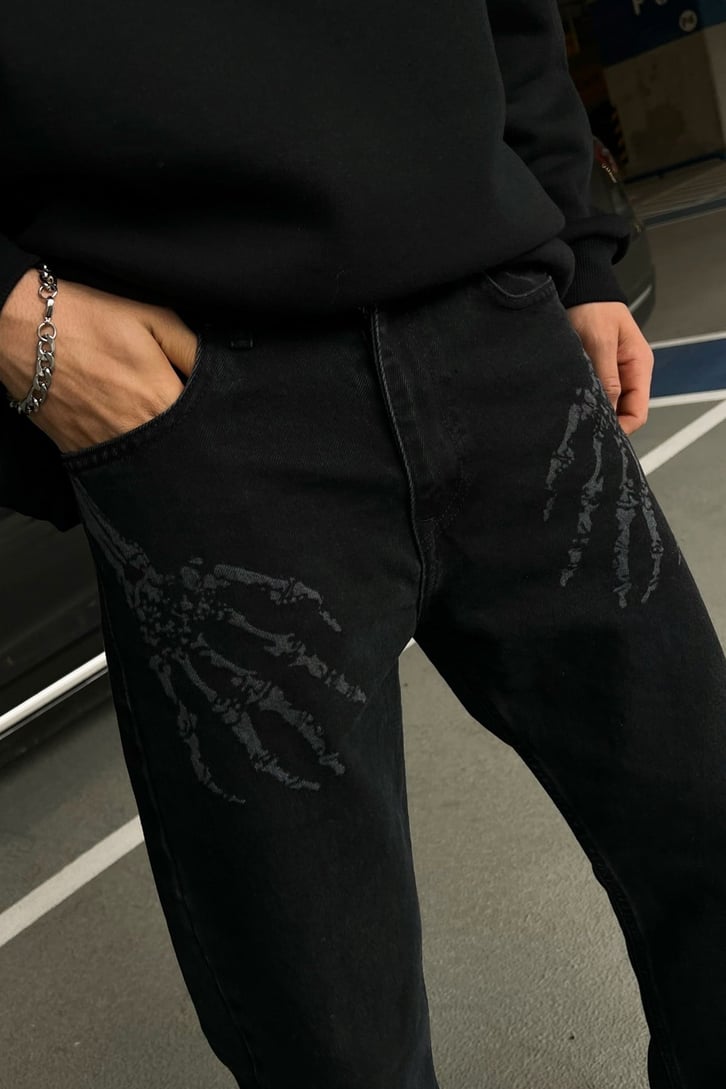 Skeletton Hand Siyah Regular Fit Jean