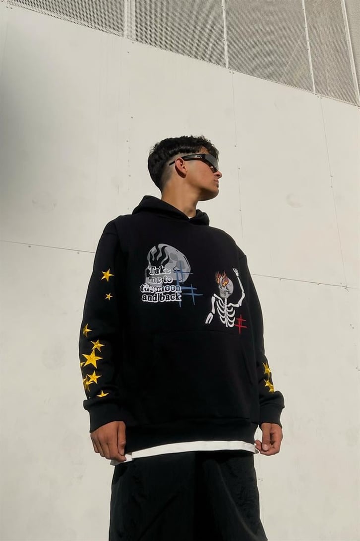 Skeletton Star Nakış Detay Siyah İçi Pamuklu Oversize Hoodie