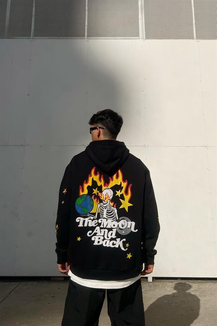 Skeletton Star Nakış Detay Siyah İçi Pamuklu Oversize Hoodie