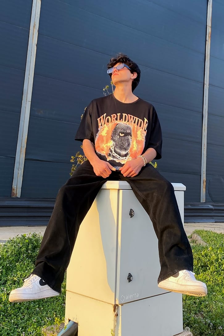 Ski Drill Mask Baskılı Siyah Oversize Tshirt