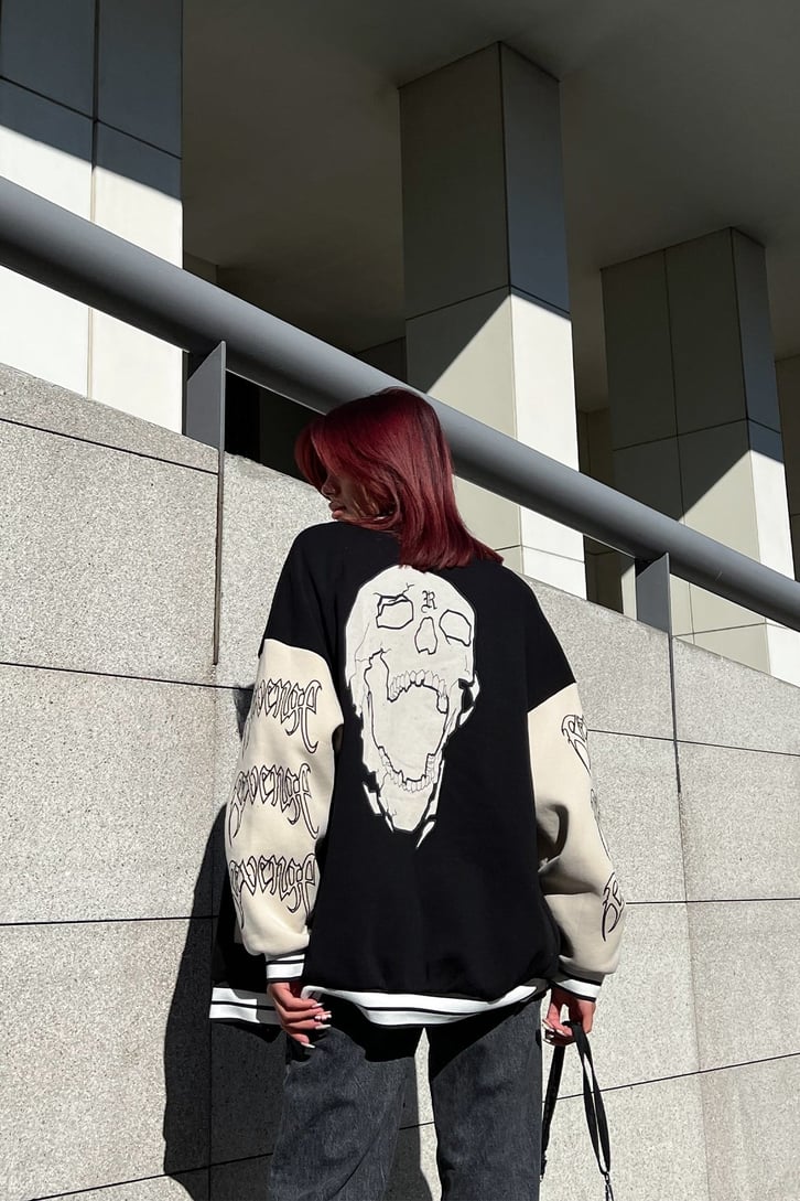 Skull Sırt Baskılı Siyah Kolej Ceket