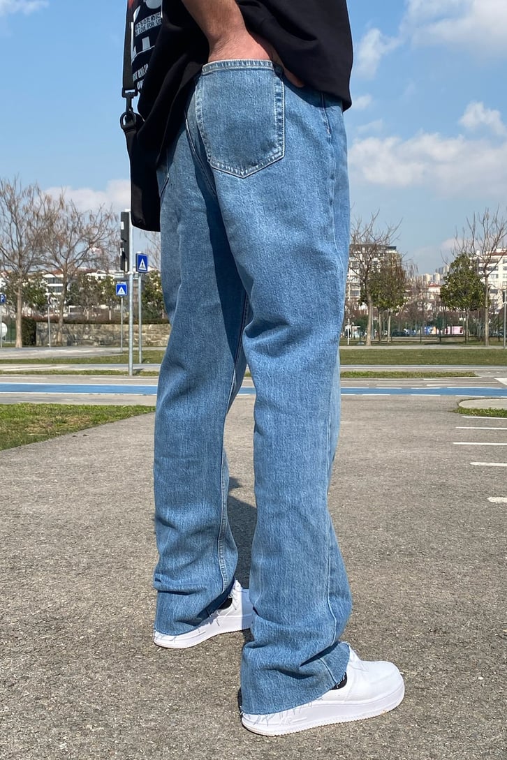 Sky Blue Taşlamalı Basic Losse Fit Jean