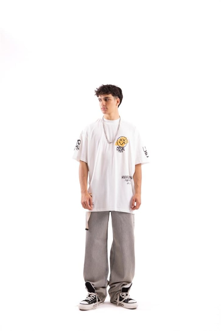 Smile Collection Baskılı Beyaz Oversize Tshirt