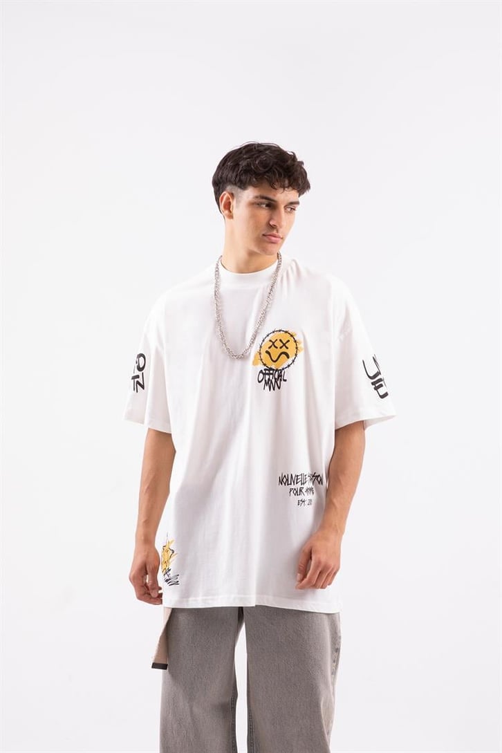 Smile Collection Baskılı Beyaz Oversize Tshirt