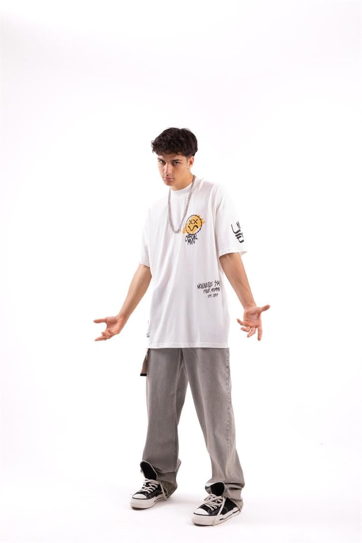 Smile Collection Baskılı Beyaz Oversize Tshirt