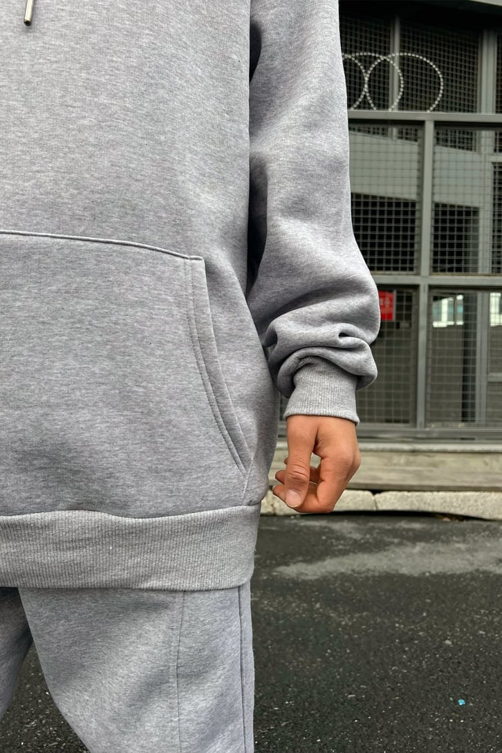 Smiley Sırt Baskılı Gri Oversize Hoodie