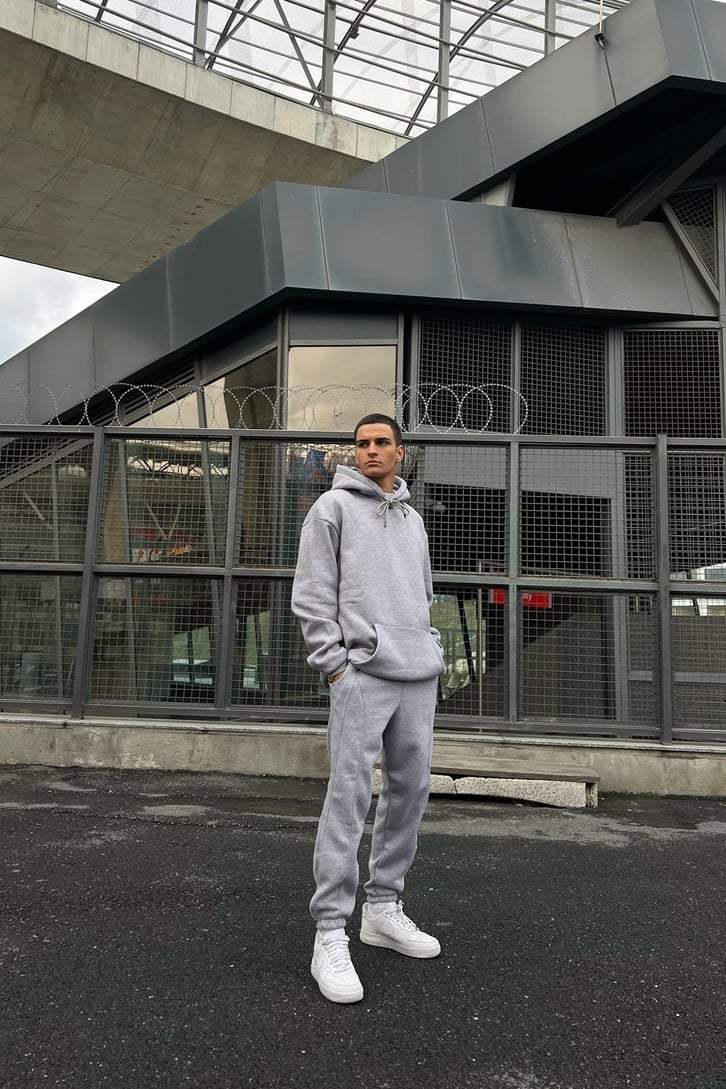 Smiley Sırt Baskılı Gri Oversize Hoodie