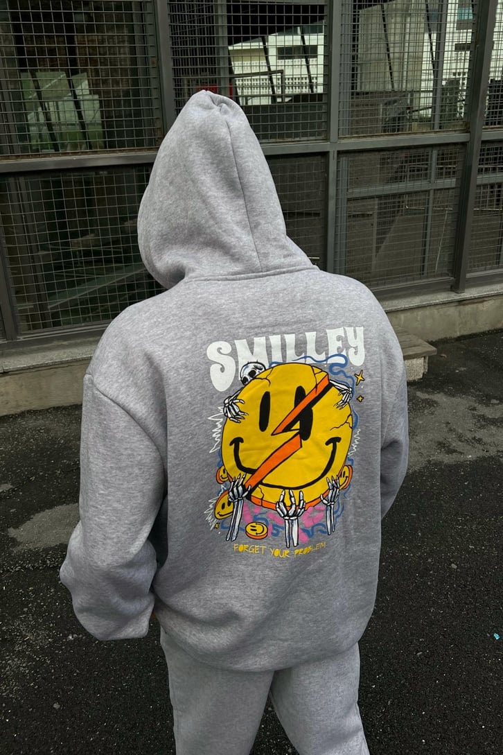 Smiley Sırt Baskılı Gri Oversize Hoodie