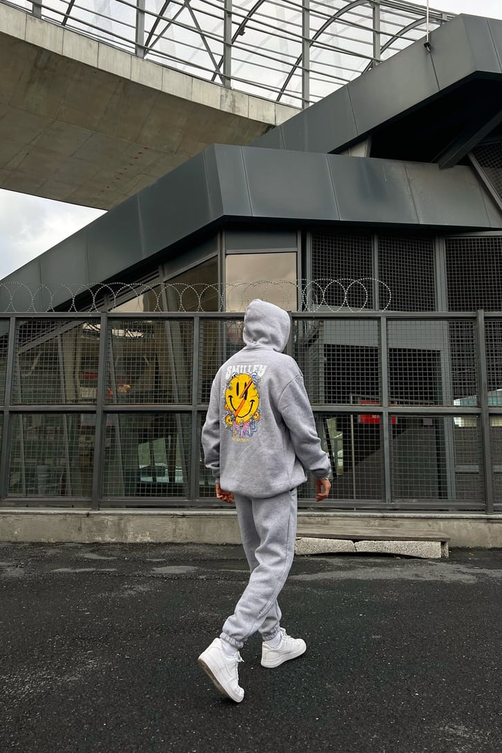 Smiley Sırt Baskılı Gri Oversize Hoodie
