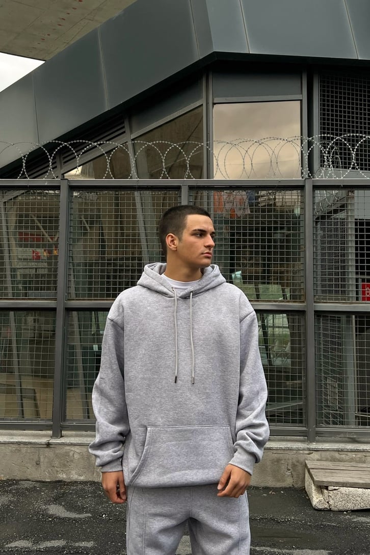 Smiley Sırt Baskılı Gri Oversize Hoodie