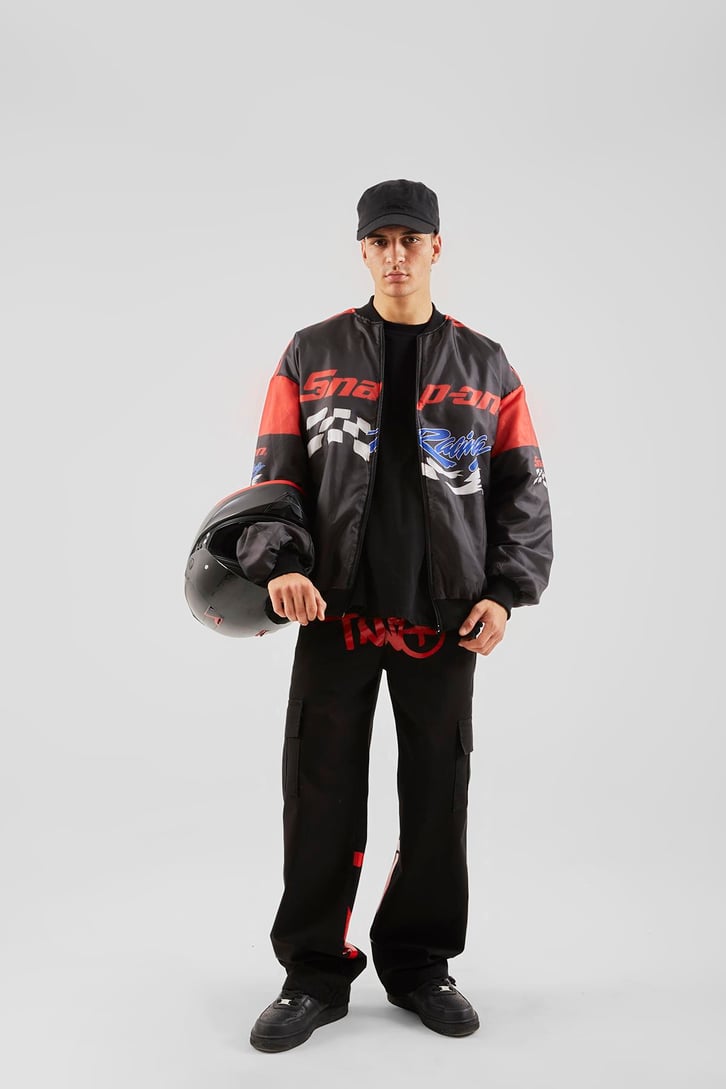 Snap On Racing Baskılı Siyah Oversize