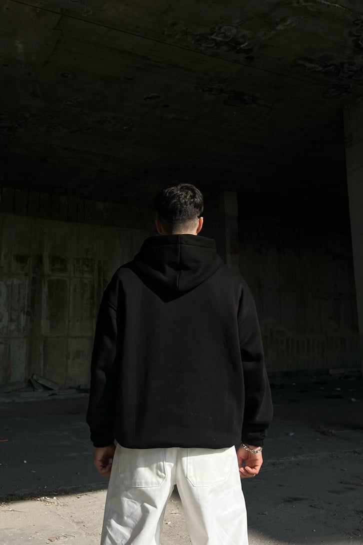 Society Baskılı Siyah Oversize Sweatshirt