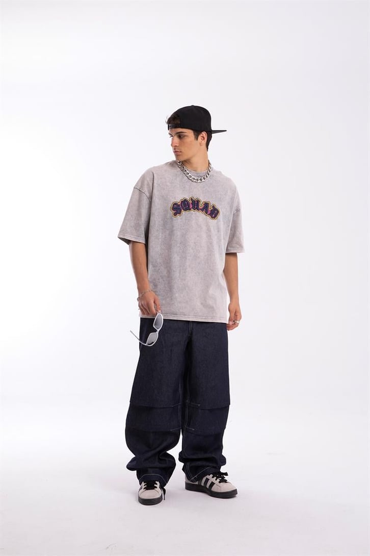 Sohab Nakışlı Acid Wash Oversize Tshirt