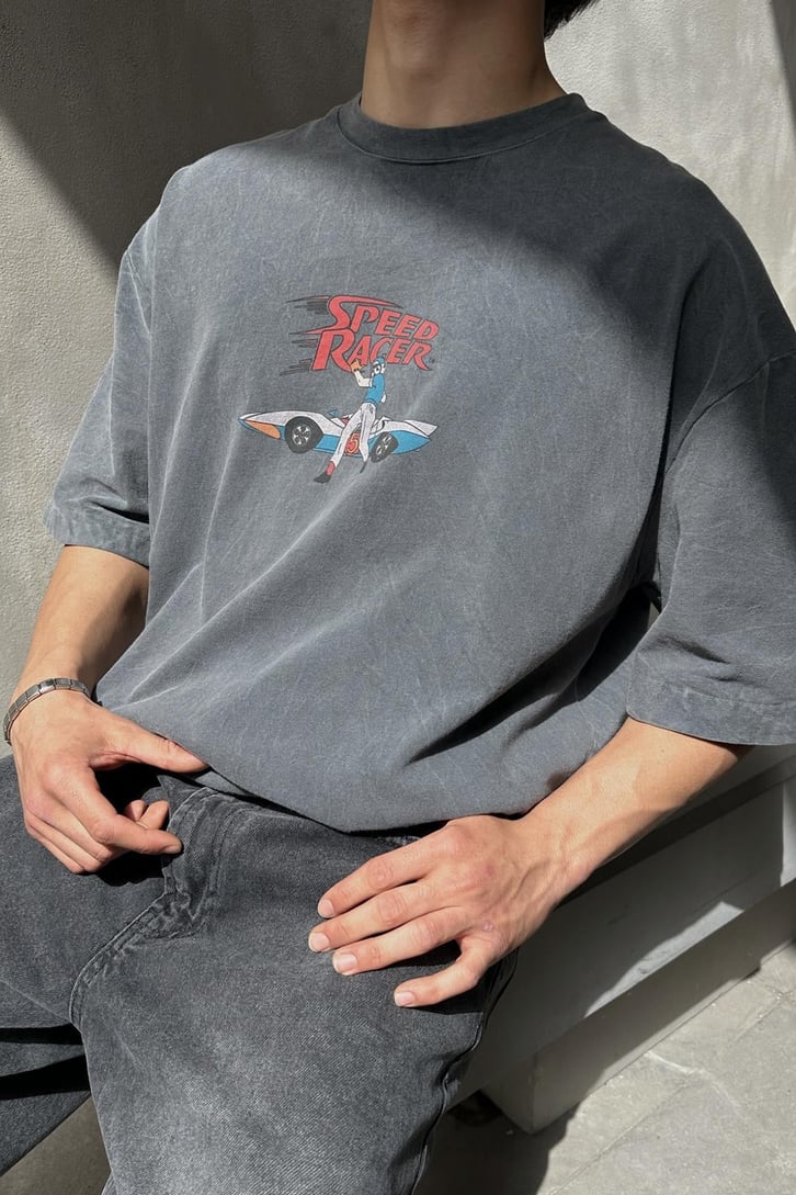 Speed Racer Baskılı Acid Wash Oversize Tişört
